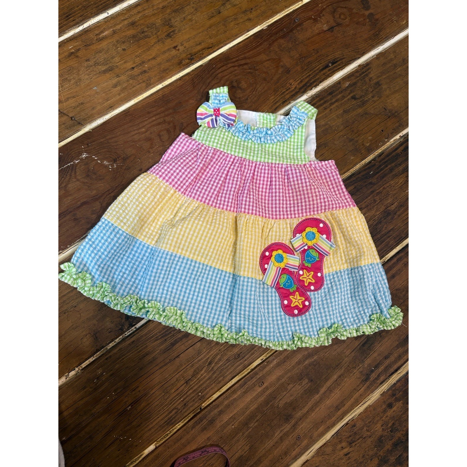 Emily Rose Brand Multicolored Seersucker Beach Dress With Flip Flop Appliques